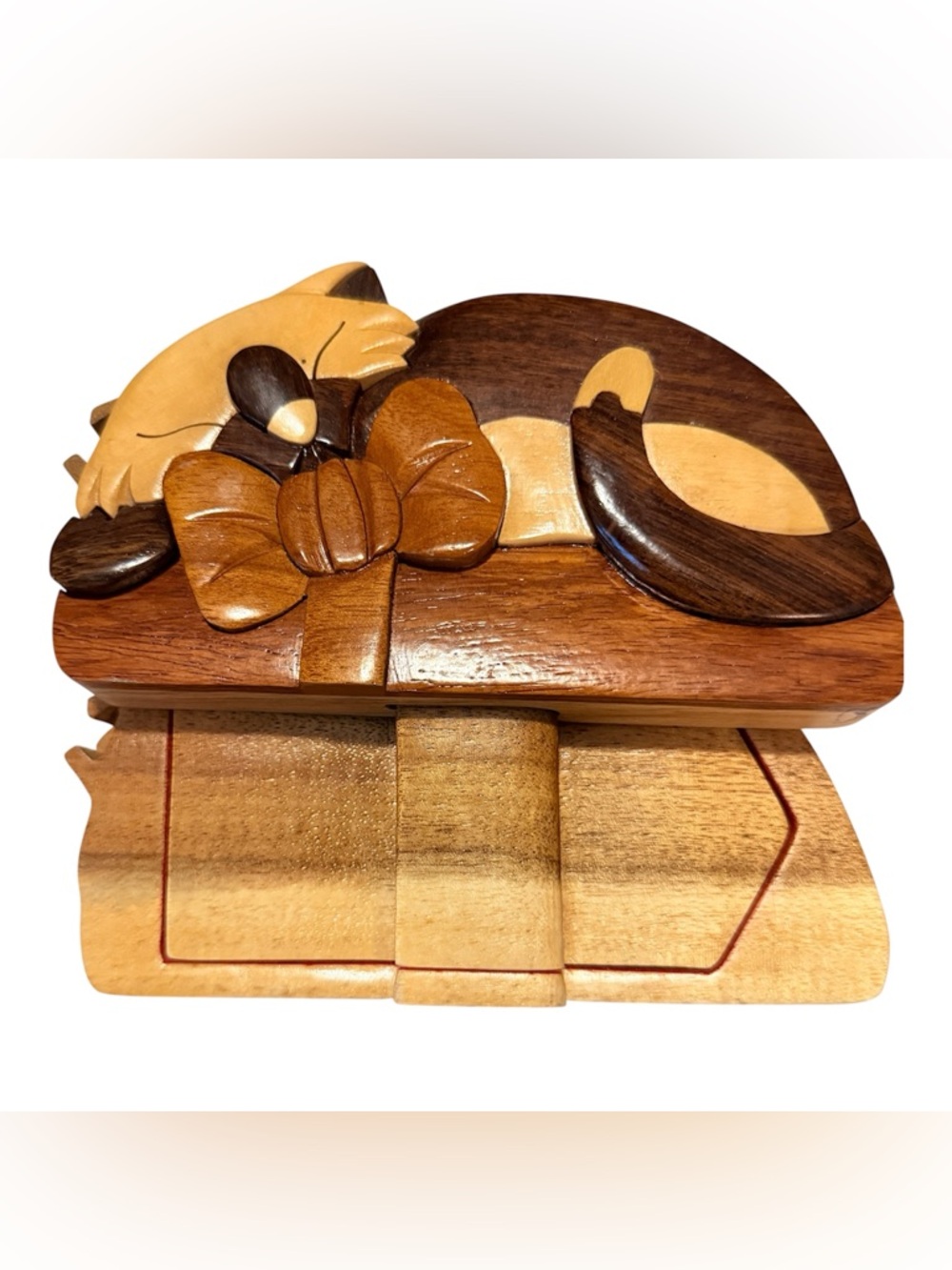 Carver Dan's Handcrafted Cat Puzzle Box w/ Hidden Compartment,โ Keepsake Box